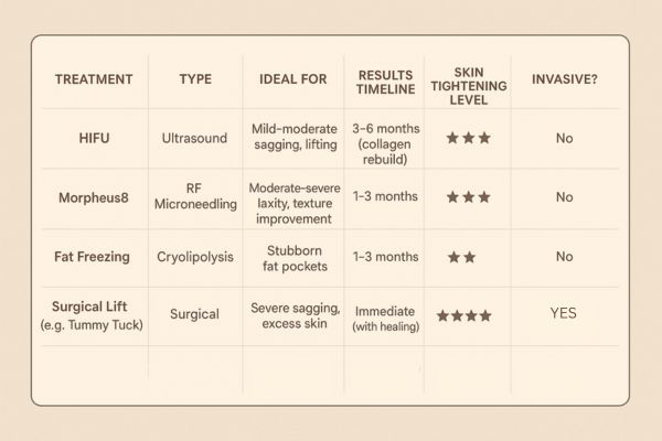 Table showing the comparisons of Skin tightening Westcliff-on-Sea treatment options.